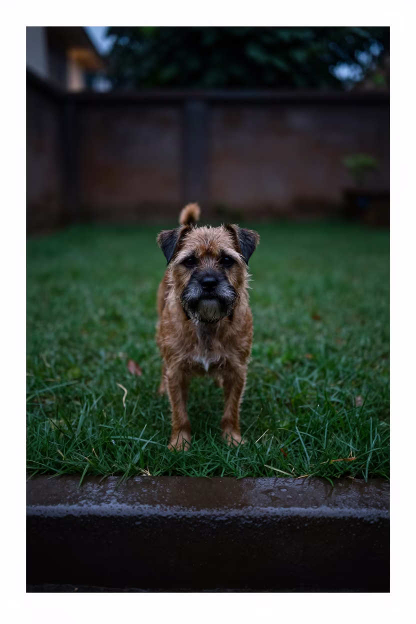 Border Terrier Portrait in Belgaum Rainy Night in in a small yard with clipped grass, calm light, and the animal centered in frame near Belgaum