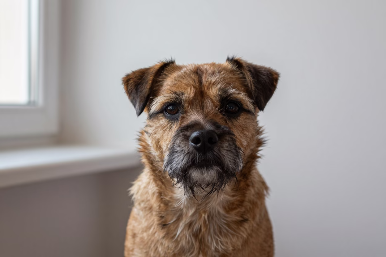 Border Terrier Portrait in Quiet Oskemen Studio in in a quiet portrait studio with a plain backdrop and eye-level framing near Oskemen