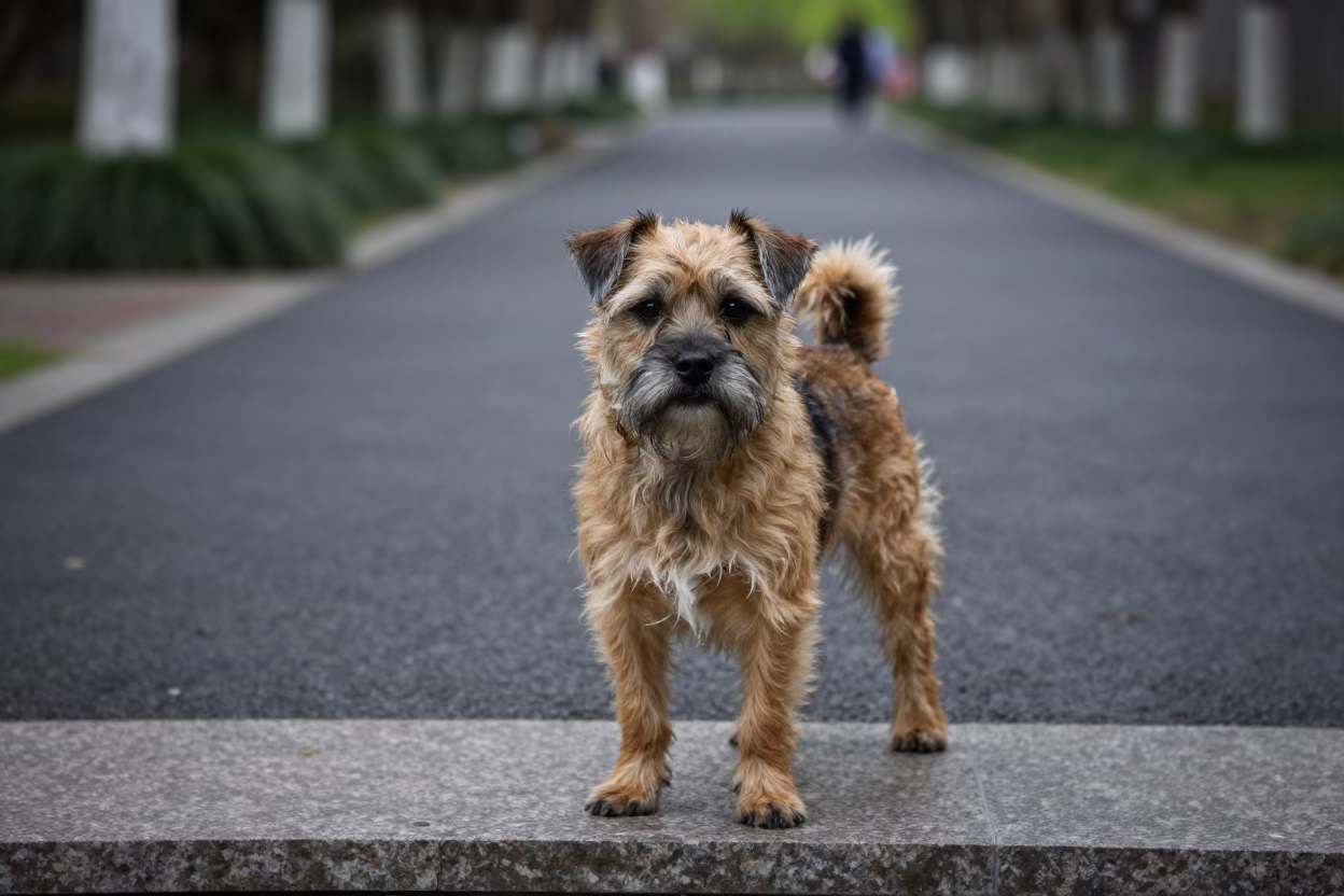 Border Terrier Portrait on Ningbo Park Path in along a quiet park path with soft open shade and a clean background near Ningbo