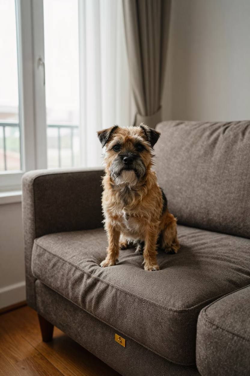 Border Terrier Portrait on Sofa Near Curtained Window in on a sofa near a curtained window with calm indoor light near Abidjan