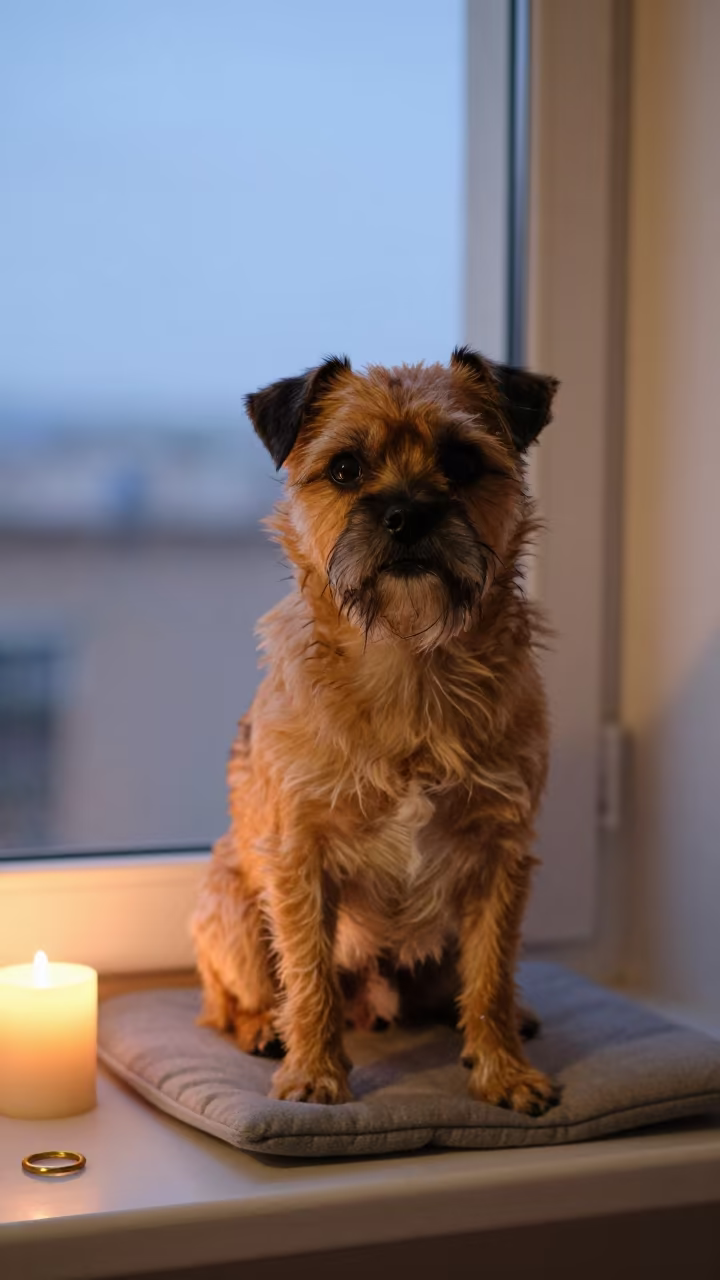 Border Terrier Portrait on Window Seat in Annaba in on a cushioned window seat with soft side light and an uncluttered background in Annaba