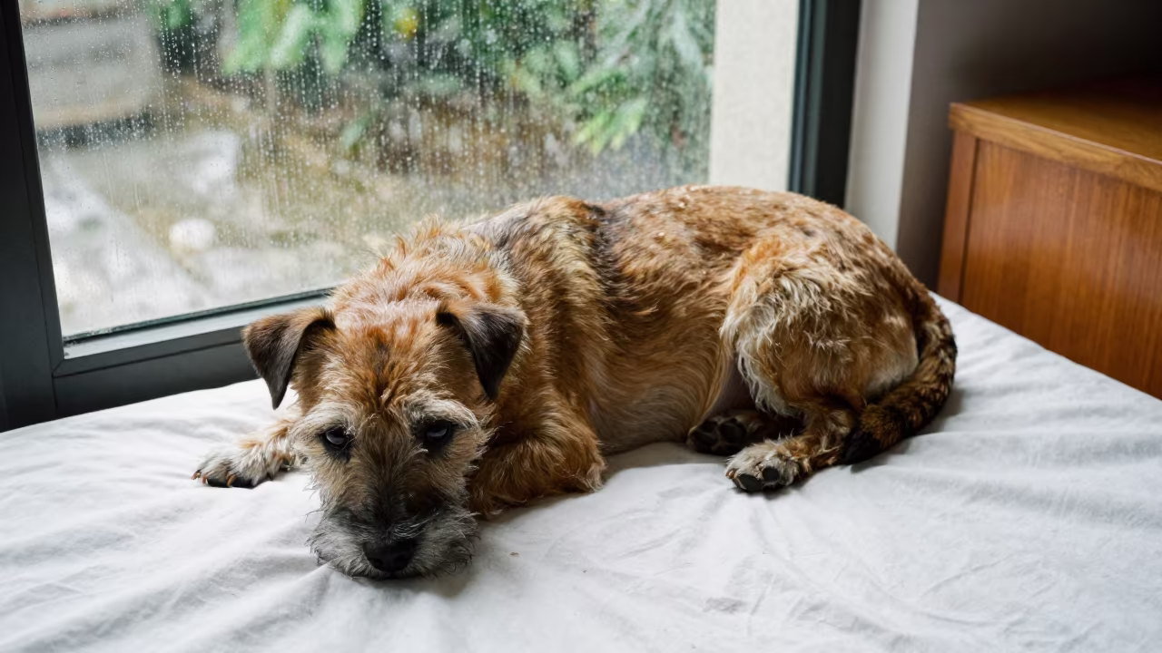 Border Terrier Resting on Bedspread Near Window in on a bedspread near a bright window with calm indoor light in Sandakan