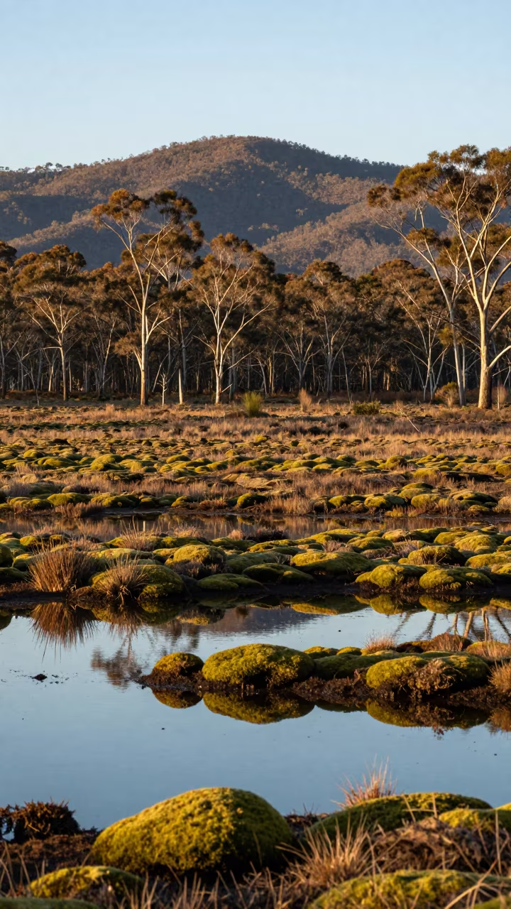 Boreal Taiga Forest Floodplain Reflection in across a floodplain after rain in South Australia