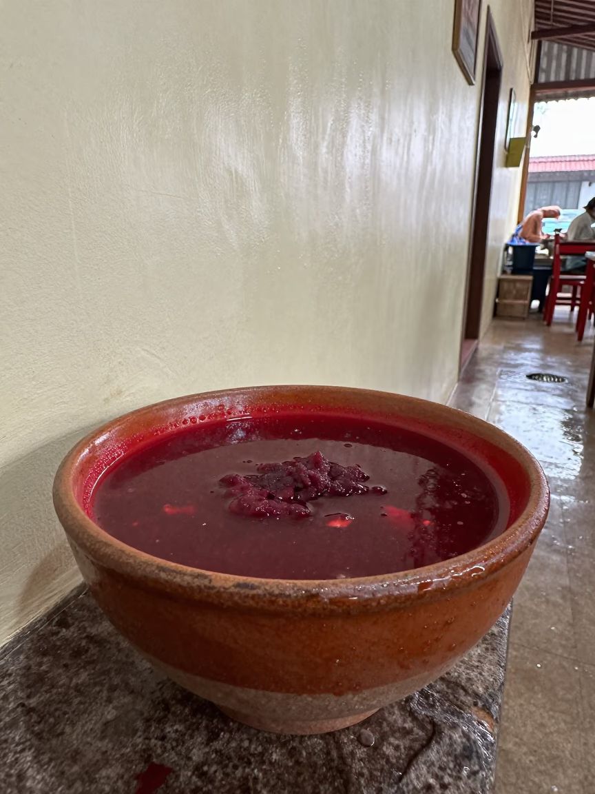 Borscht Bowl Condensation Stone Sill Siem Reap in on a restaurant table in Siem Reap