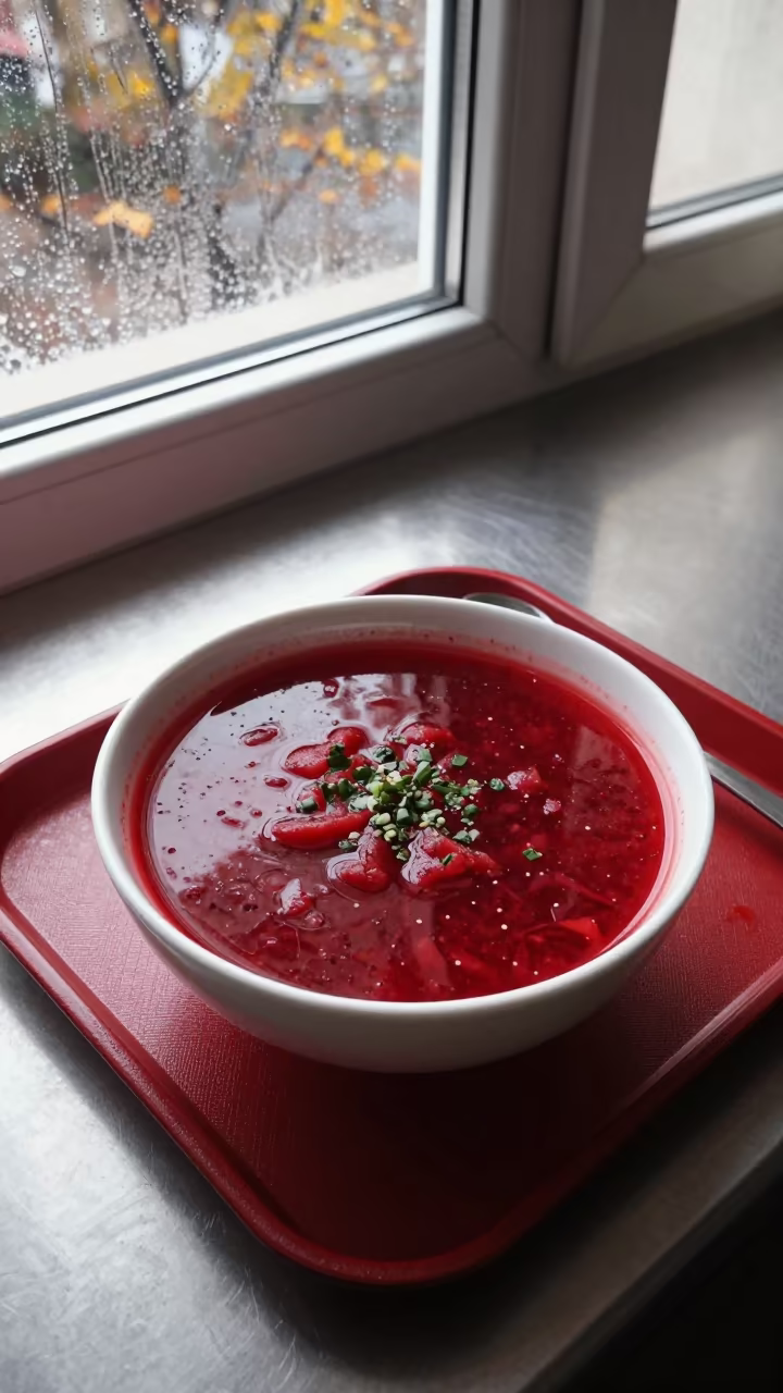 Borscht Bowl on Steel Table in Window Light in on a lacquered tray in Anyang