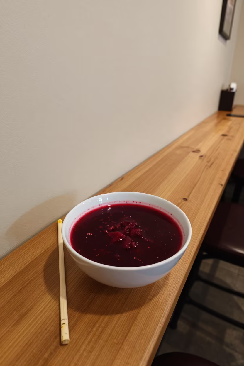 Bowl of Borscht on Wooden Counter in on a restaurant table in Tando Allahyar