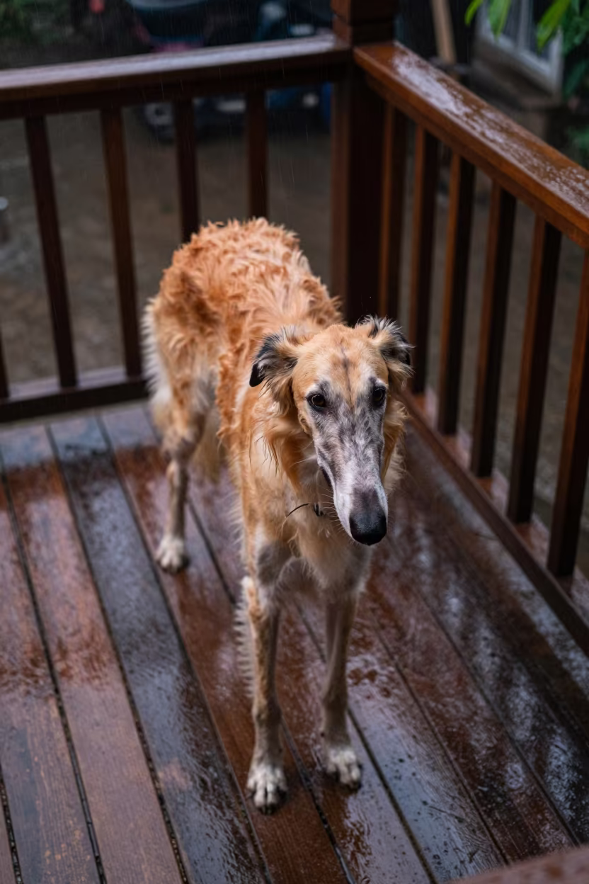 Borzoi on Shaded Porch in Wet Season Jakarta in on a shaded front porch with boards, railings, and eye-level framing near Tanah Abang, Jakarta