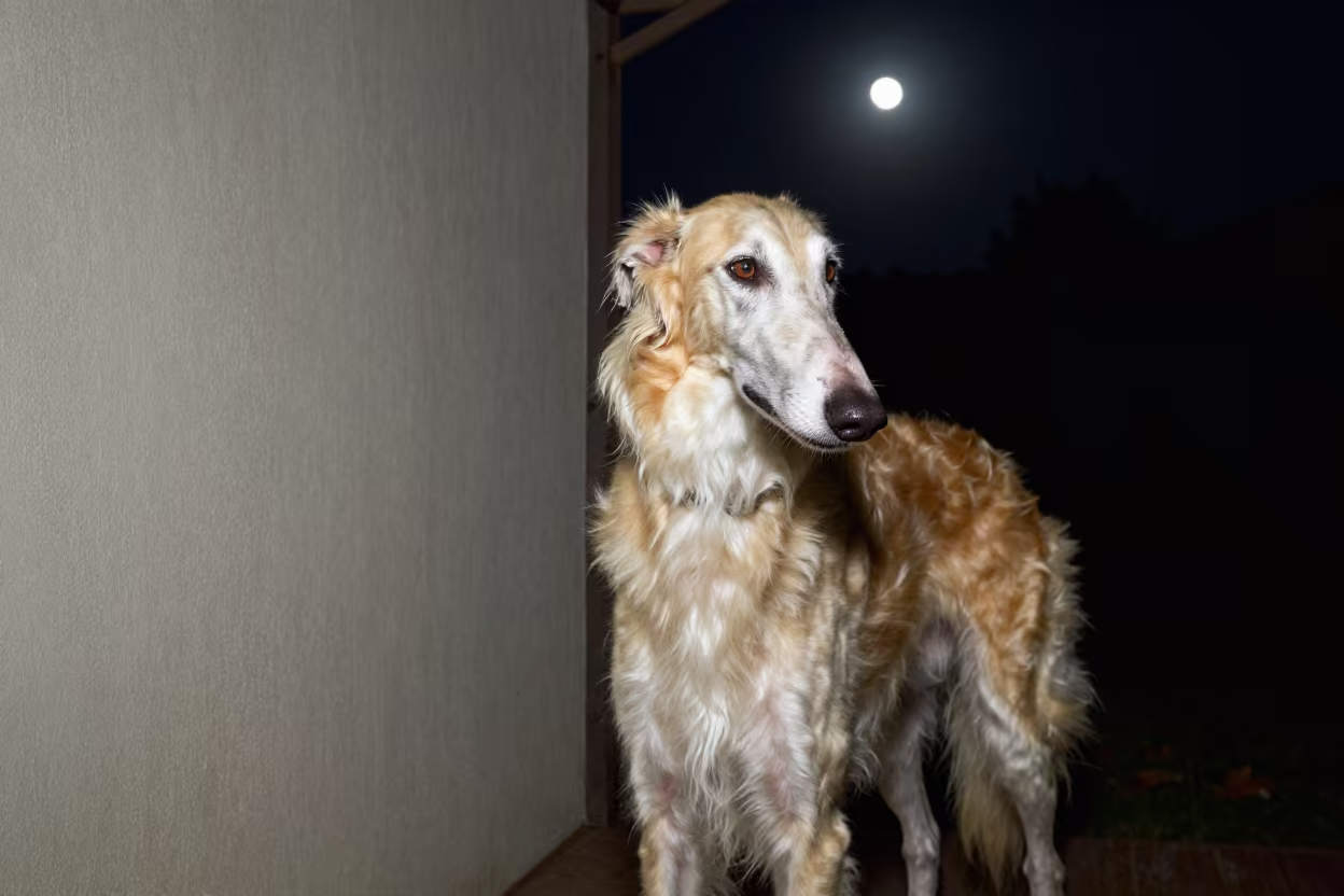 Borzoi on Shaded Porch Near Nizip in beside a plain courtyard wall in clear daylight with the animal at eye level near Nizip