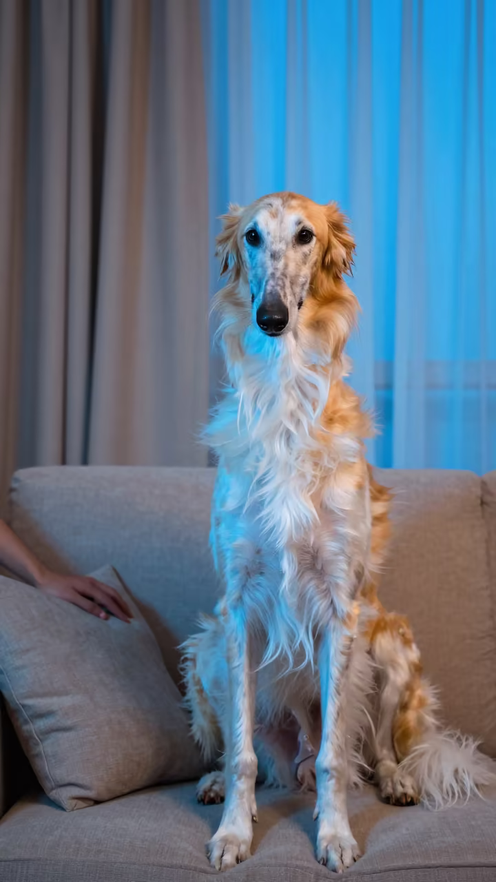 Borzoi Portrait in Ahmedabad Twilight in on a sofa near a curtained window with calm indoor light near Ahmedabad
