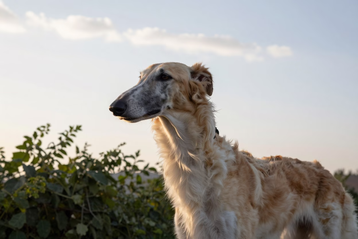 Borzoi Portrait in Ahvaz Garden Morning Light in near a garden edge with soft morning light and an uncluttered background near Ahvaz