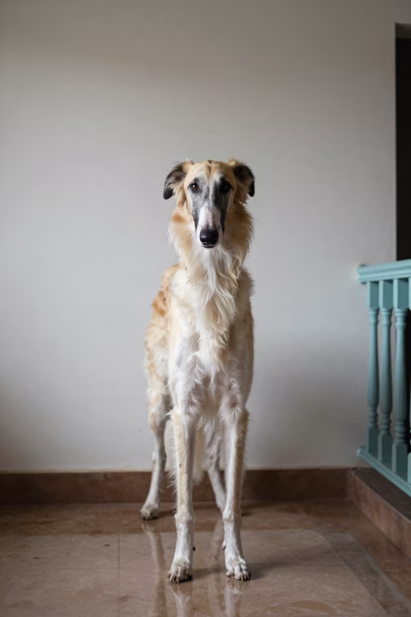 Borzoi Portrait Near Jimma Plaster Wall in beside a plain plaster wall in soft indoor light with the animal centered in frame near Jimma