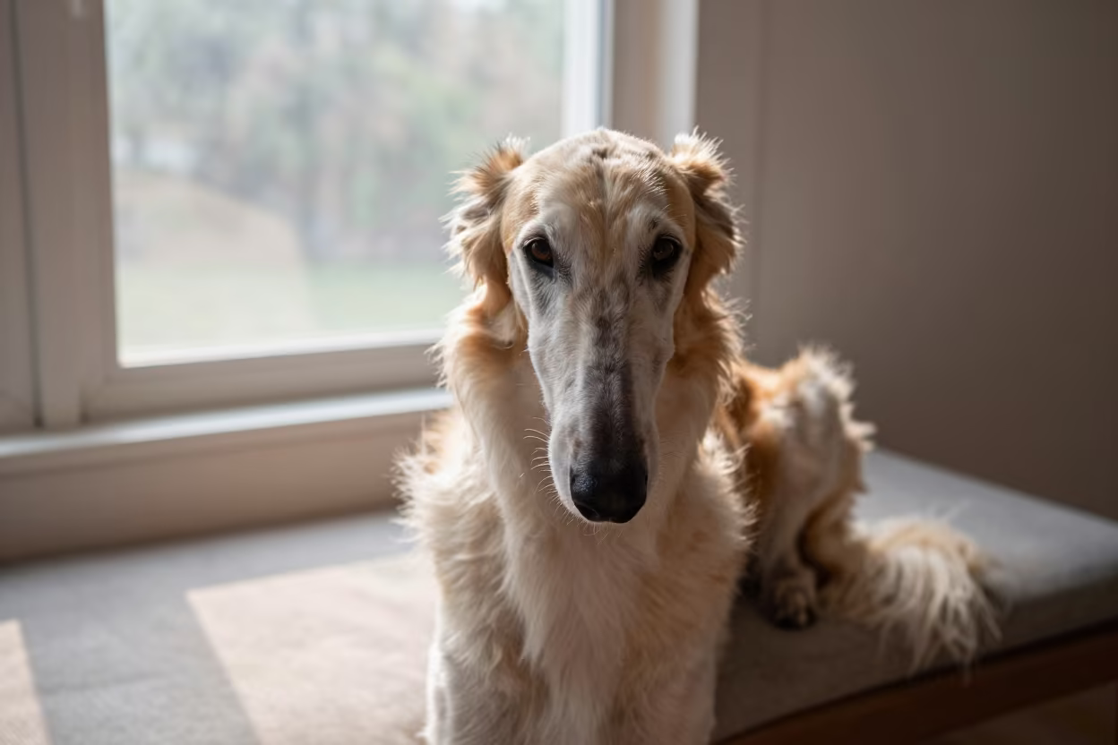 Borzoi Portrait on Cushioned Window Seat in Abidjan in on a cushioned window seat with soft side light and an uncluttered background in Abidjan