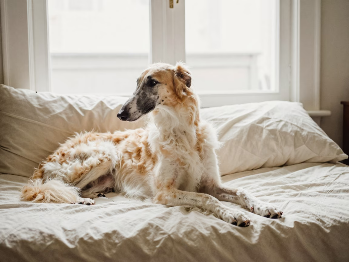Borzoi Resting on Window Bedspread in Port-au-Prince in on a bedspread near a bright window with calm indoor light in Port-au-Prince