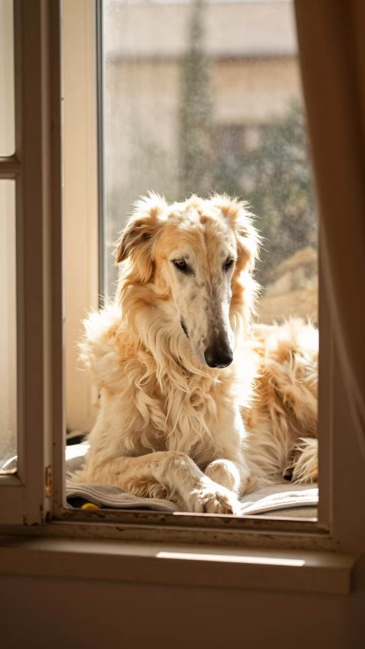 Borzoi Resting on Window Seat in Ramallah in on a window seat in a quiet apartment with soft side light near Ramallah