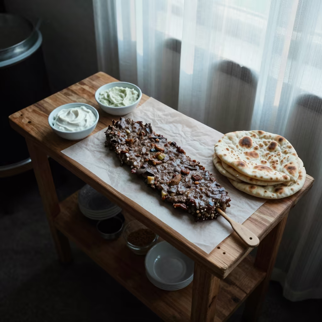 Bosnian Cevapi and Flatbread on Workshop Shelf in on a workshop shelf near Bulawayo
