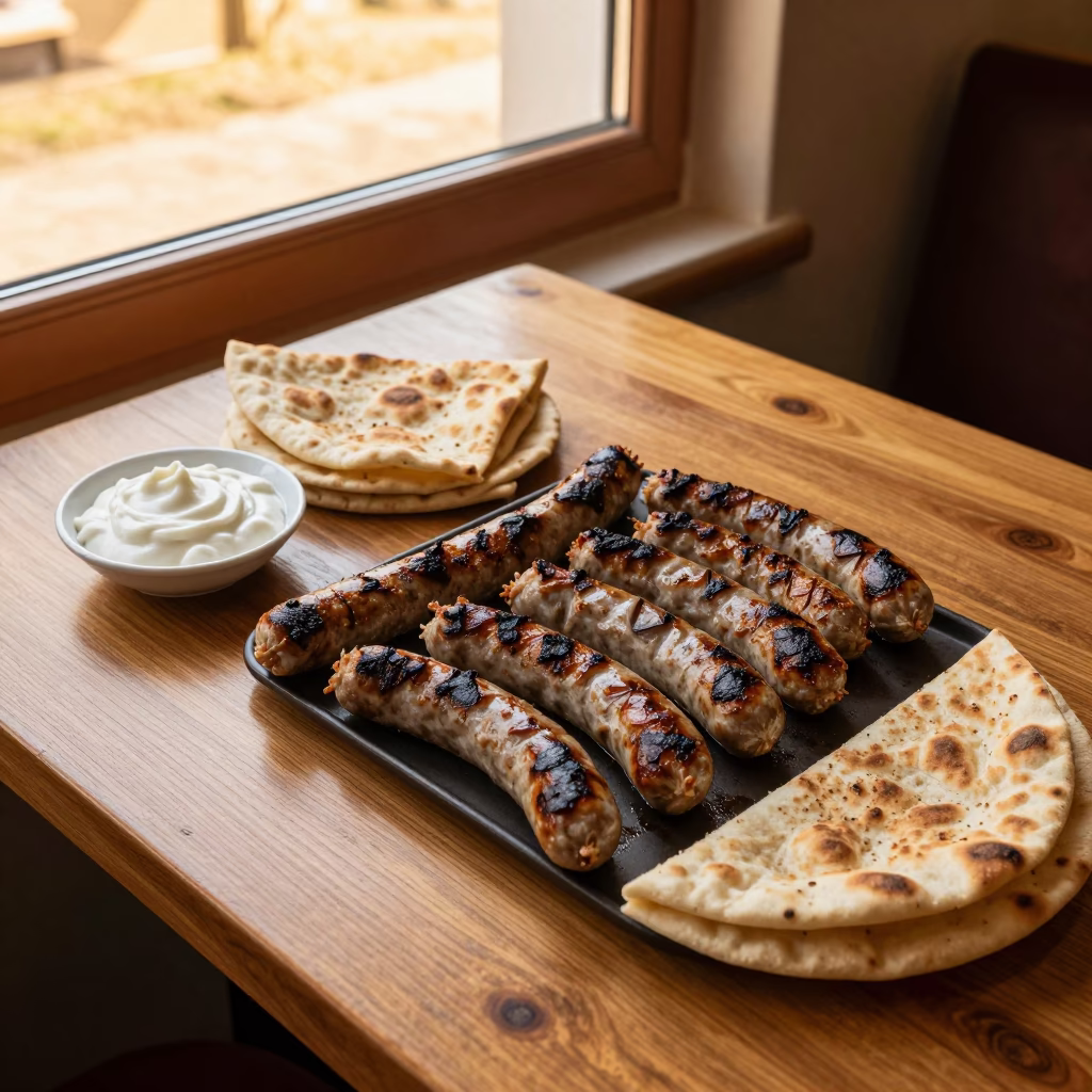 Bosnian Cevapi with Kajmak and Flatbread in Jamalpur in on a cafe table by a window in Jamalpur
