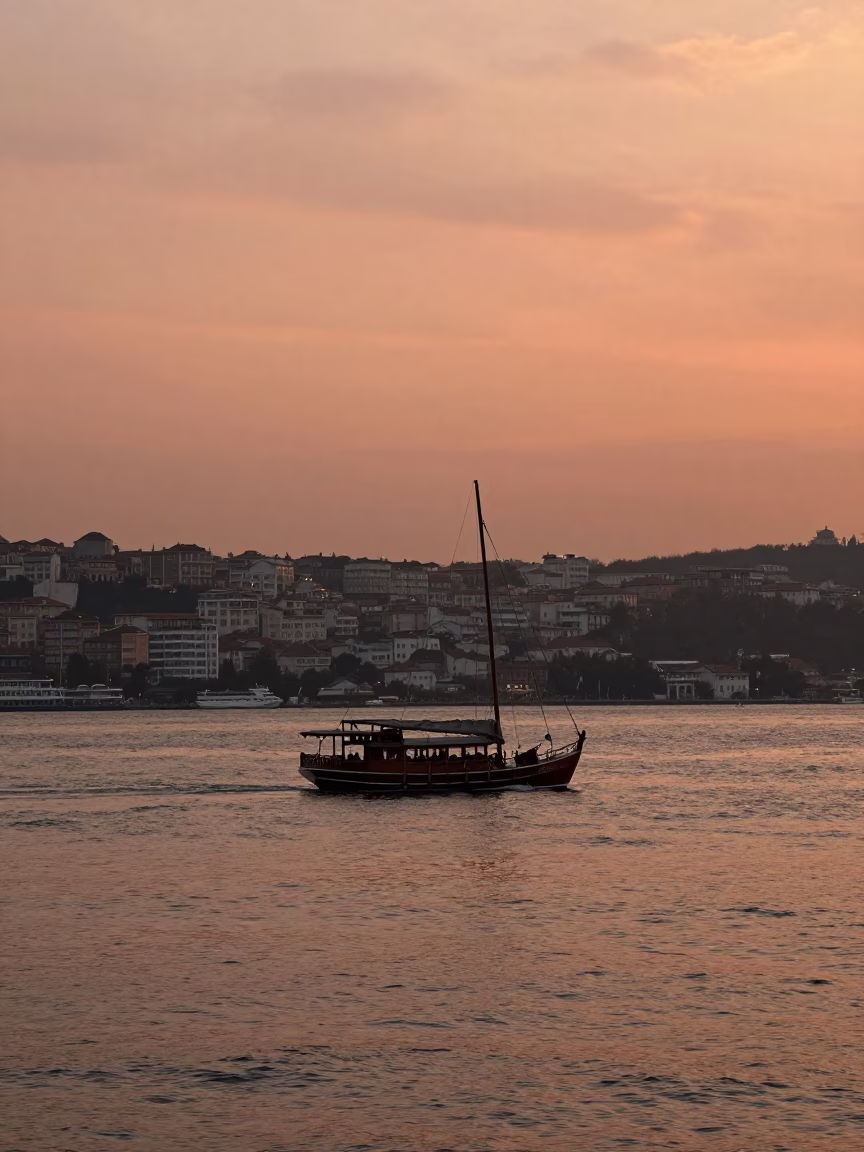 Bosphorus Horizon in Istanbul at Copper-toned Light Before Dusk in in Istanbul, Turkey