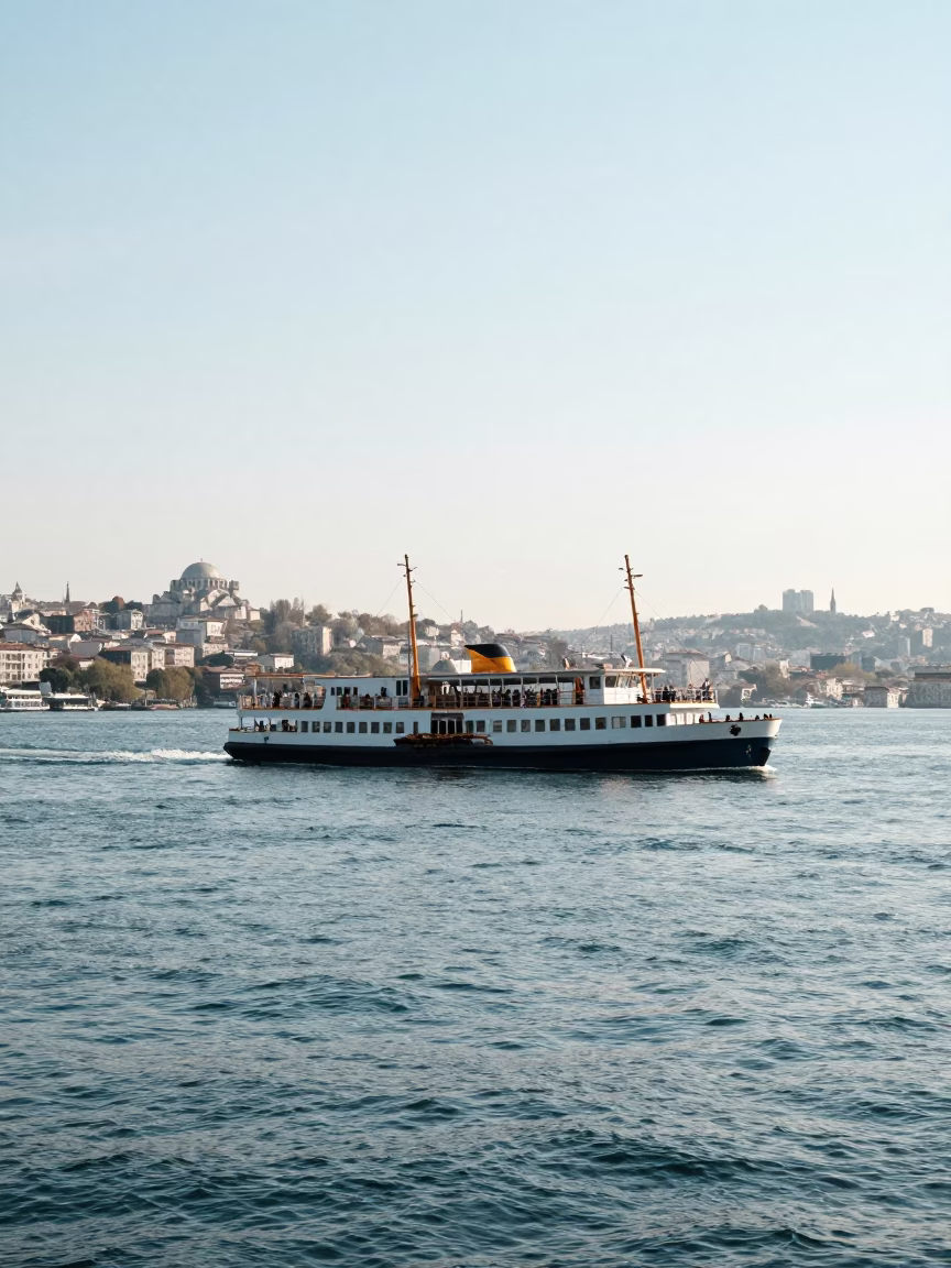 Bosphorus River in Istanbul at The Flat Glare Of Noon Light in in Istanbul, Turkey