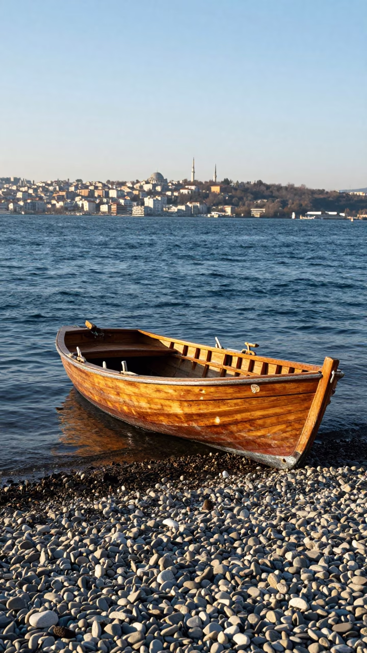 Bosphorus Rowboat on Pebble Beach in Late Afternoon Light Istanbul Turkey in in Istanbul, Turkey