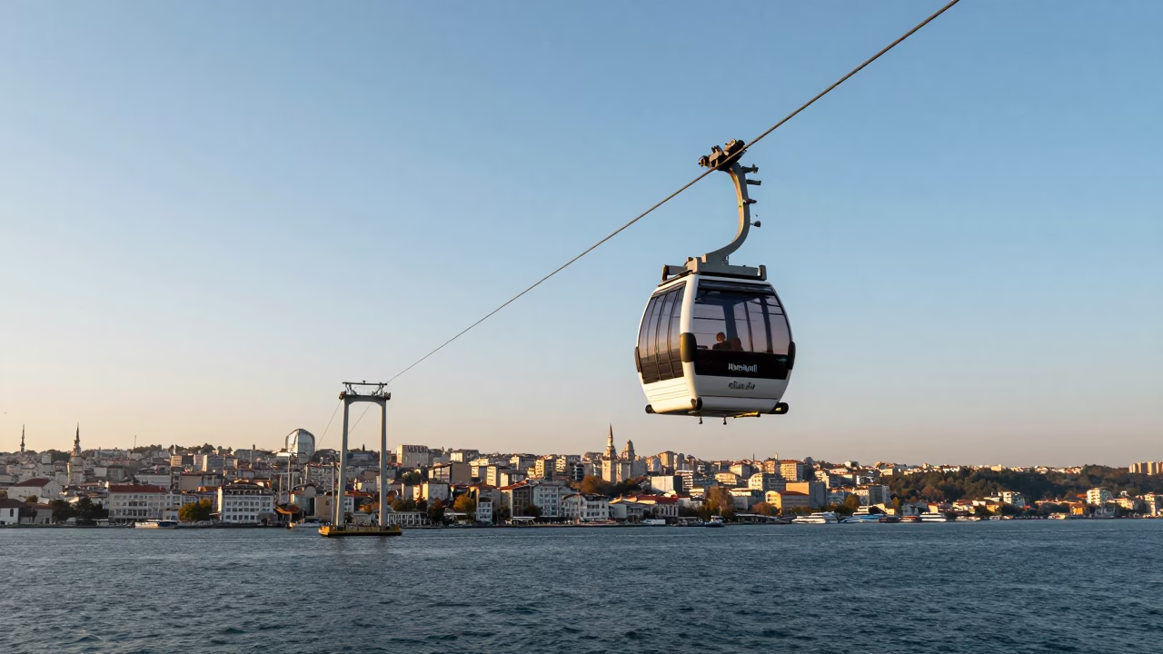 Bosphorus Strait Cable Car Crossing Istanbul Turkey Early Afternoon Landscape Horizon Shot in in Istanbul, Turkey