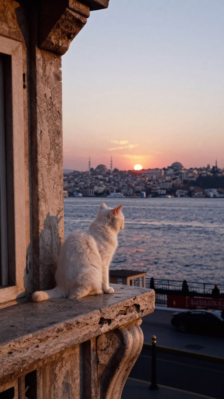 Bosphorus Sunset in Istanbul at As The Sun Drops Toward The Horizon in in Istanbul, Turkey