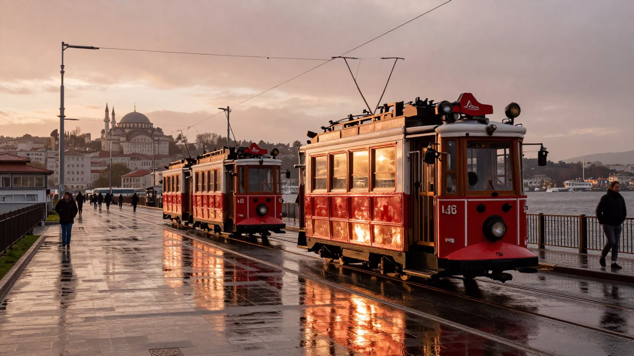 Bosphorus Waterfront in Istanbul at Copper-toned Light Before Dusk in in Istanbul, Turkey