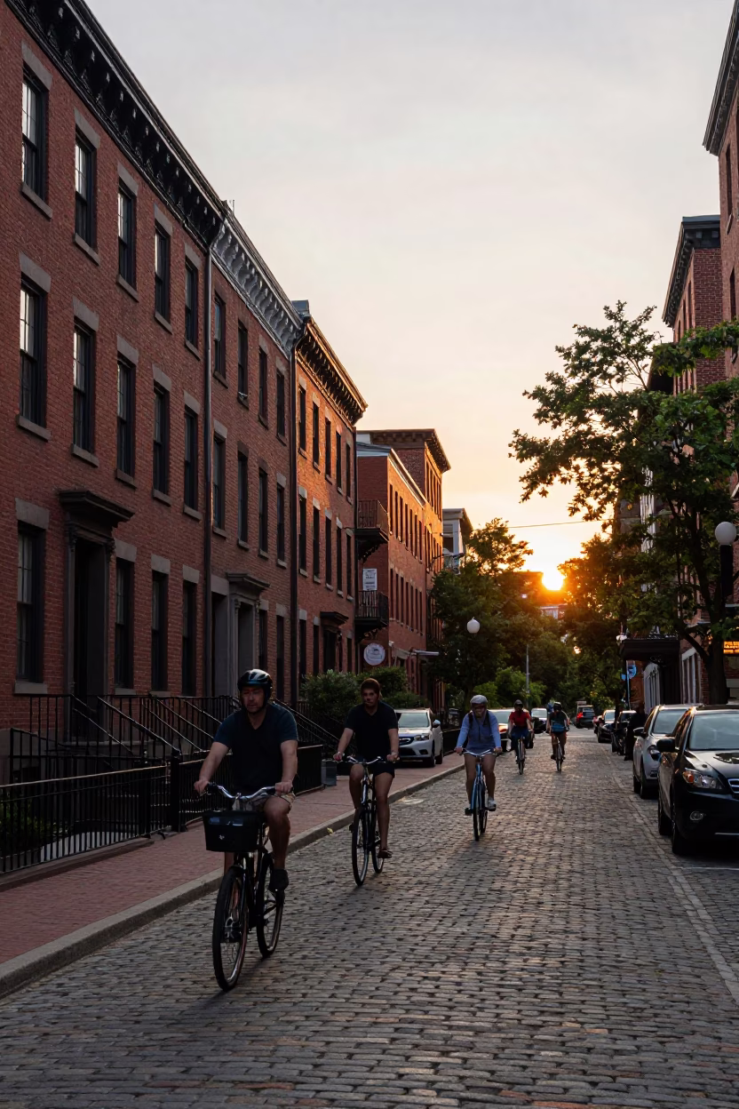 Boston Back Bay Brownstone Street Scene at Sunset with Cyclists and Pedestrians in in Boston, Massachusetts, United States