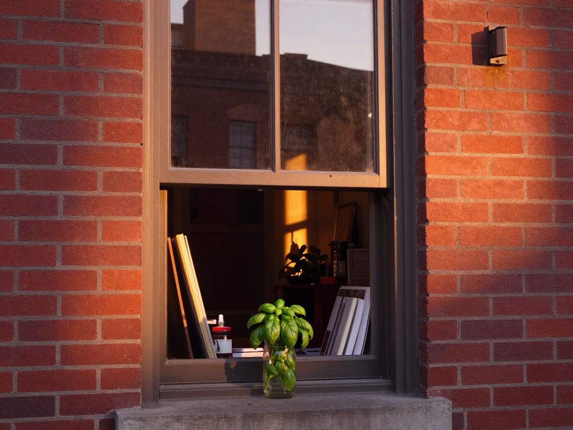 Boston Back Bay Brownstone Window at Sunset with Basil Jar and Curtain in in Boston, Massachusetts, United States