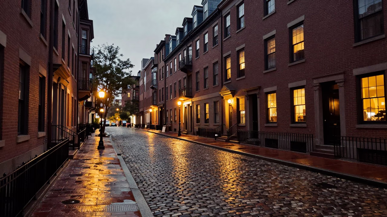 Boston Back Bay Street Scene at Dusk with Vintage Architecture and City Lights in in Boston, Massachusetts, United States