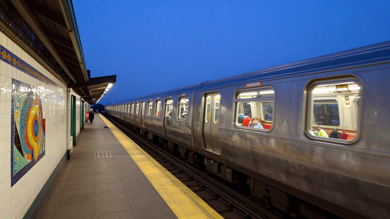 Boston Blue Hour Metro Train Arriving at Art Adorned Station with Commuters in in Boston, Massachusetts, United States