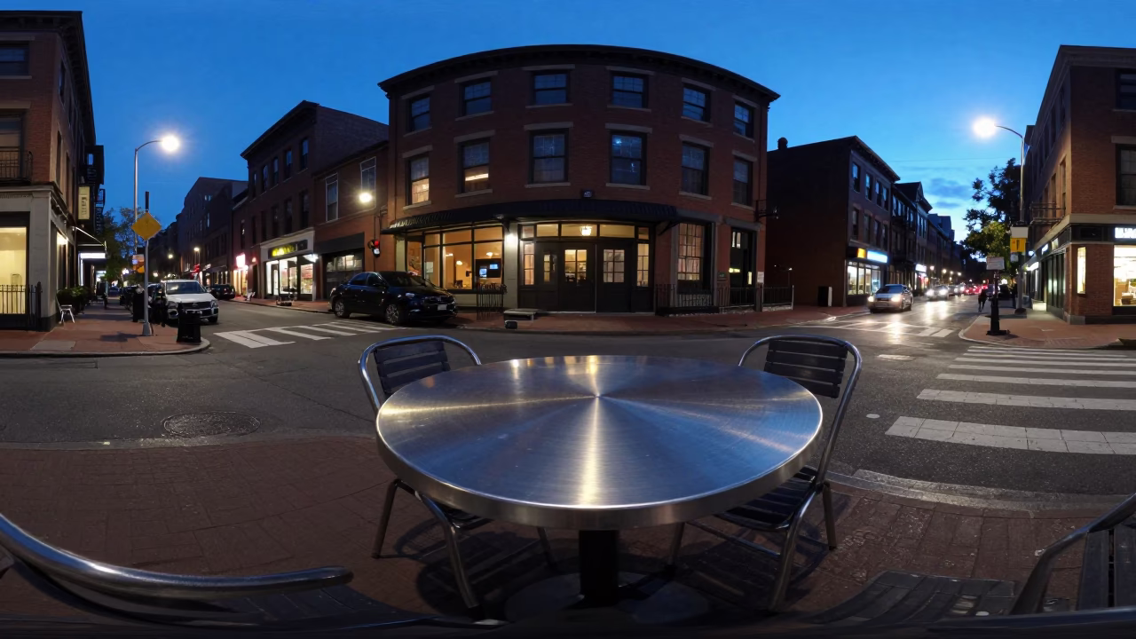 Boston Blue Hour Street Scene with Brushed Steel Tabletop and Urban Reflections in in Boston, Massachusetts, United States