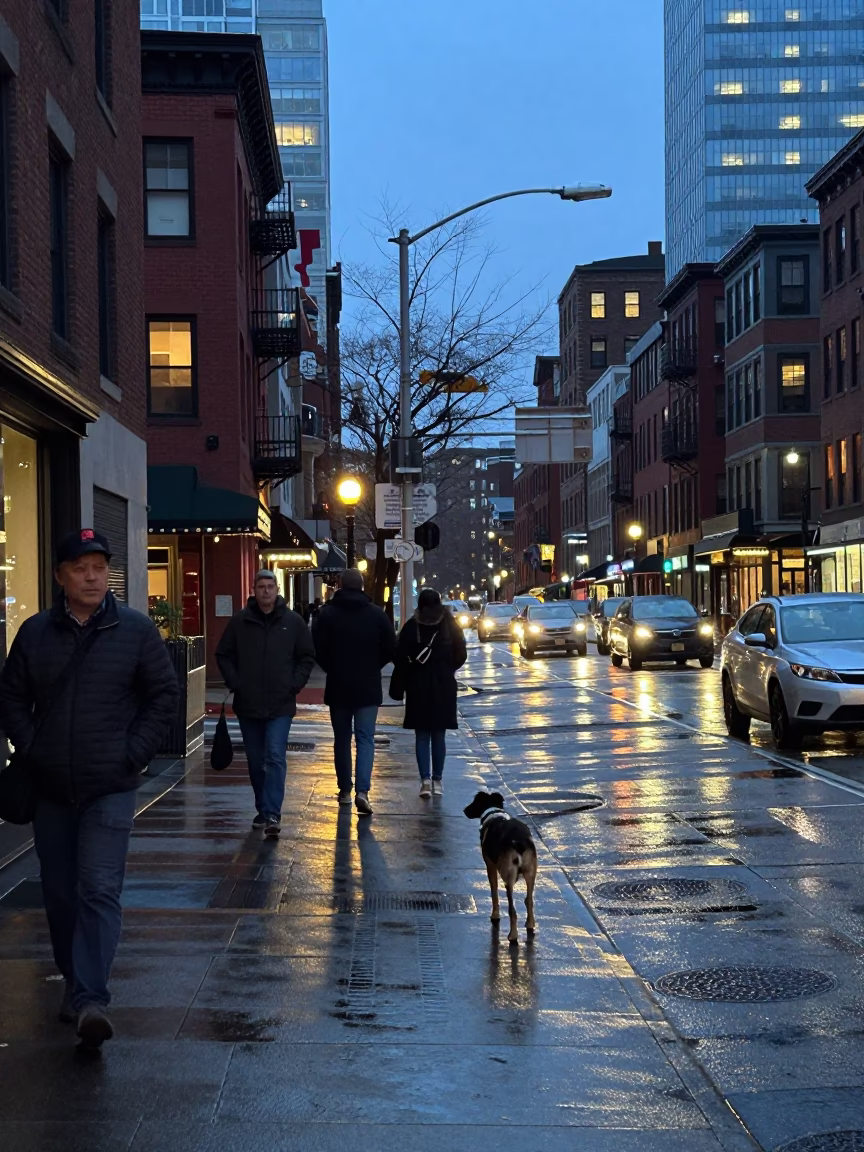 Boston Blue Hour Street Scene with Canine and Urban Details in in Boston, Massachusetts, United States