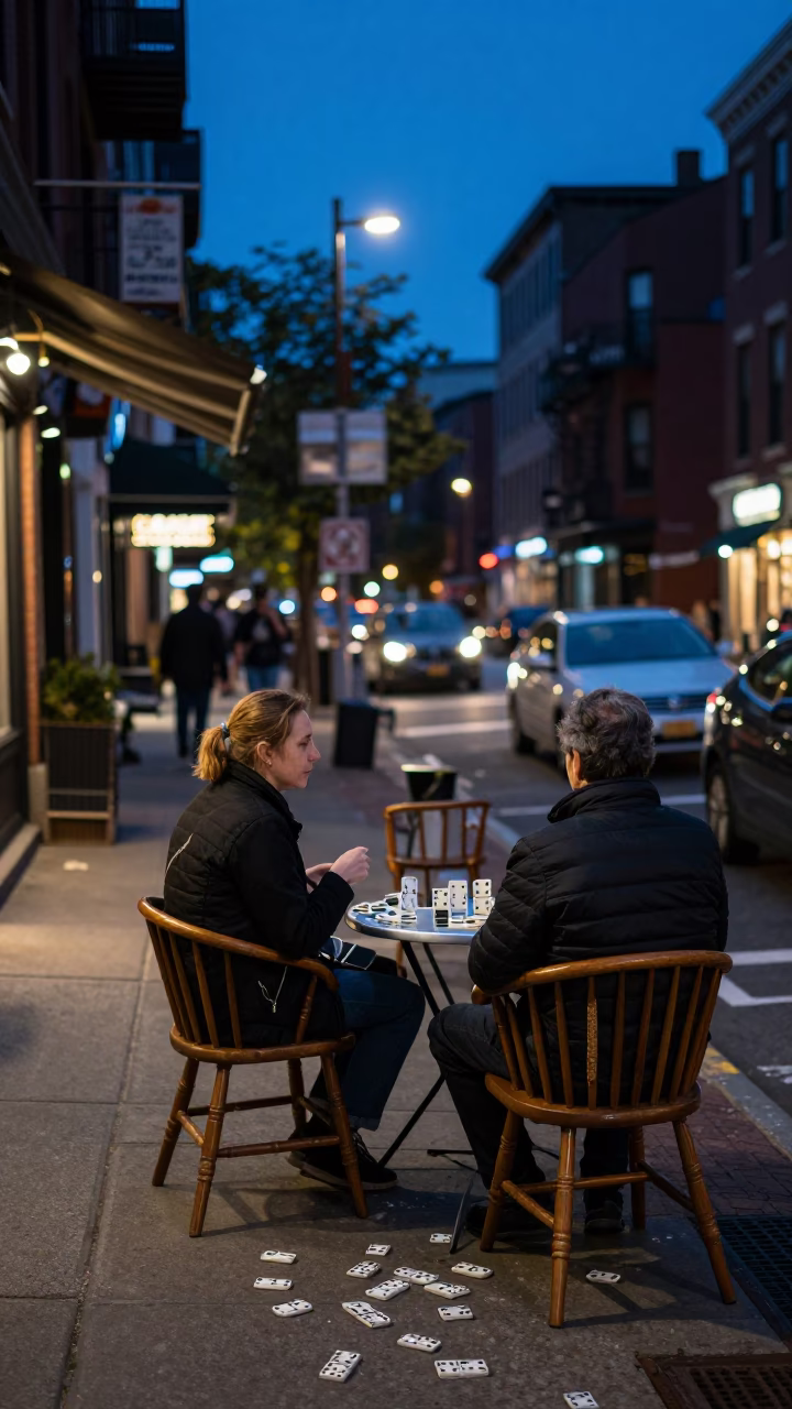 Boston Blue Hour Street Scene with Dominoes and Spindle Chair at Local Cafe in in Boston, Massachusetts, United States