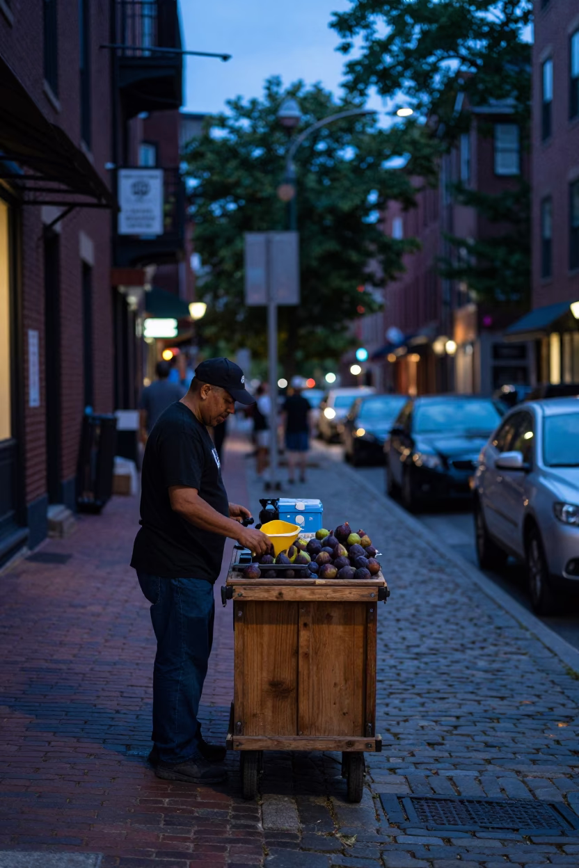 Boston Blue Hour Street Scene with Figs and Urban Details in in Boston, Massachusetts, United States