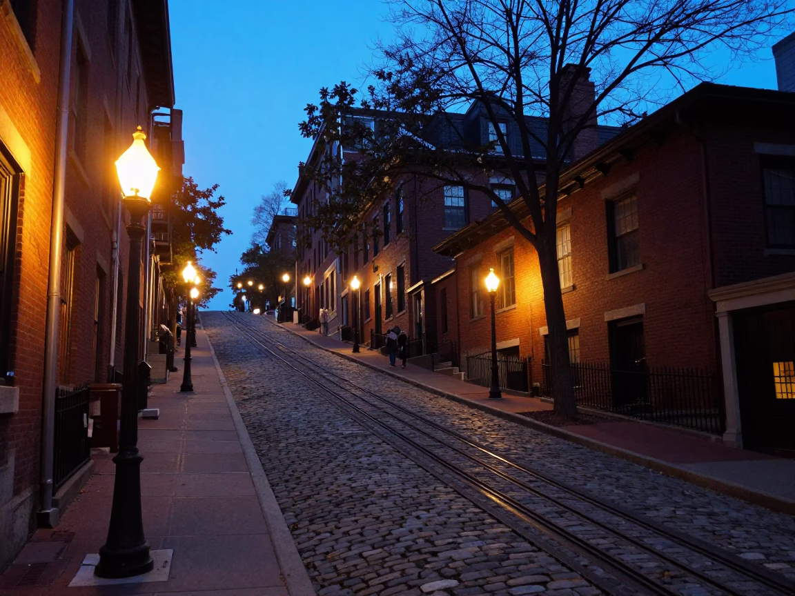 Boston Blue Hour Street Scene with Funicular Climbing Steep Hill at Dusk in in Boston, Massachusetts, United States