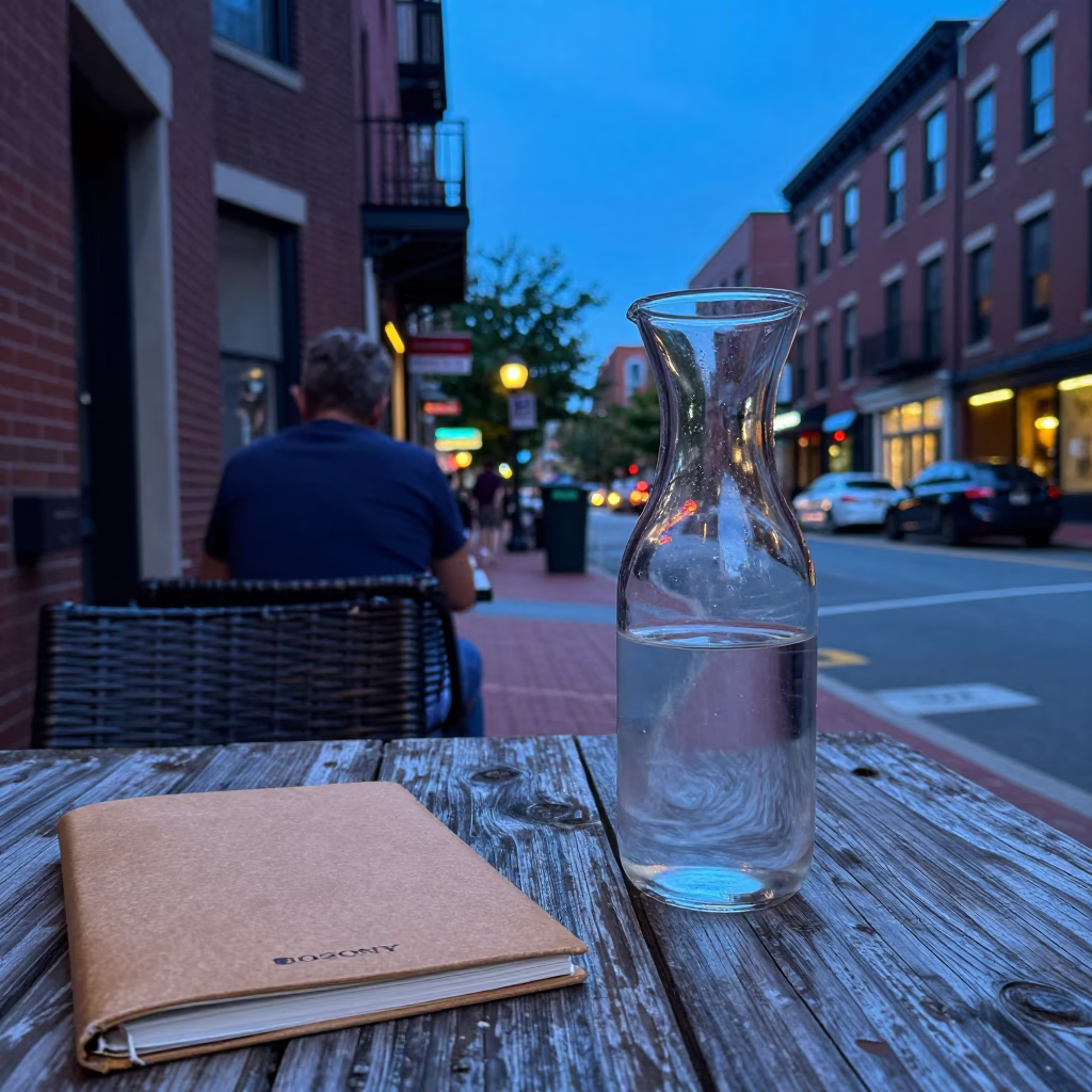 Boston Blue Hour Street Scene with Glass Carafe and Address Book on Cafe Table in in Boston, Massachusetts, United States