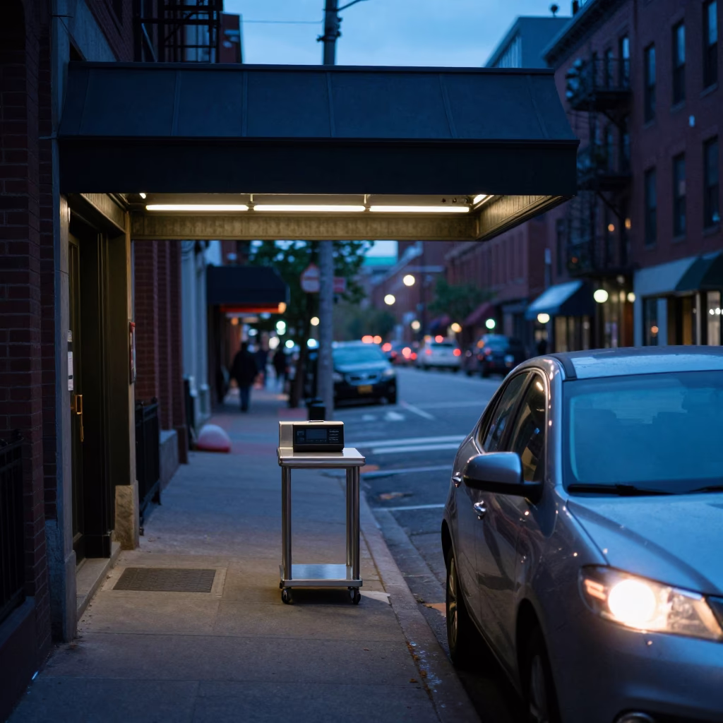 Boston Blue Hour Street Scene With Hotel Valet Stand And Headlight Streaks in in Boston, Massachusetts, United States