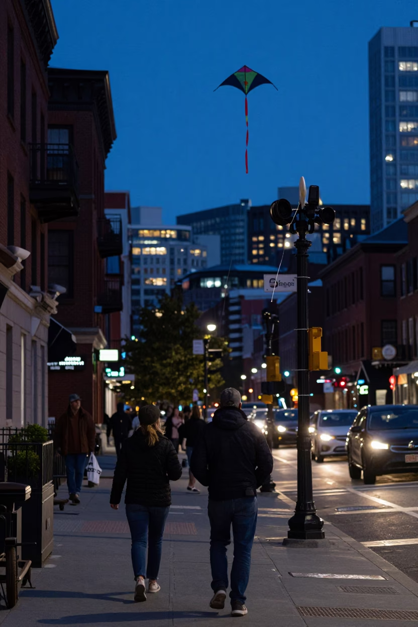 Boston Blue Hour Street Scene with Kite Reel and Urban Architecture in in Boston, Massachusetts, United States