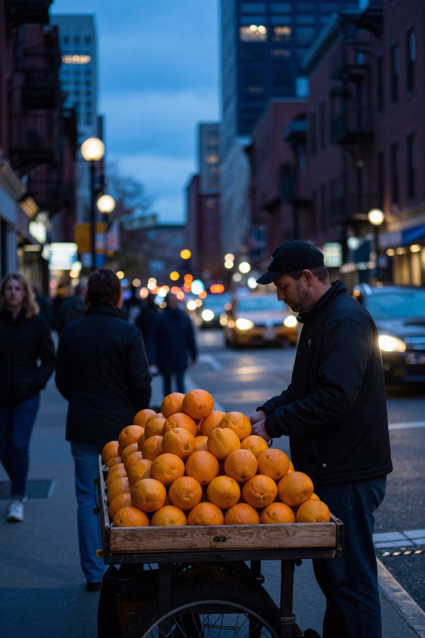 Boston Blue Hour Street Scene with Oranges and City Lights in in Boston, Massachusetts, United States