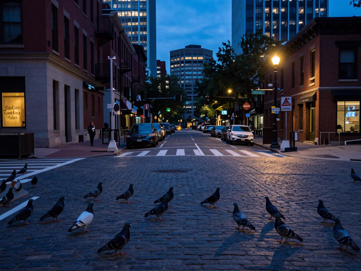 Boston Blue Hour Street Scene with Pigeons and Urban Life in in Boston, Massachusetts, United States