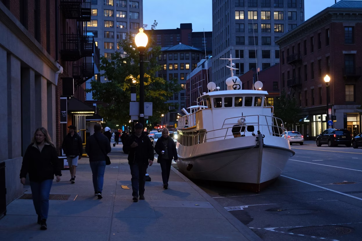 Boston Blue Hour Street Scene with Pilot Boat and Urban Architecture in in Boston, Massachusetts, United States