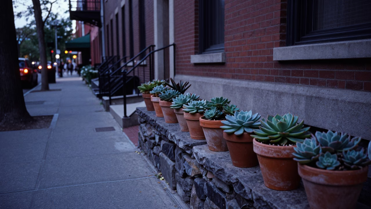 Boston Blue Hour Street Scene with Succulents and Urban Details in in Boston, Massachusetts, United States