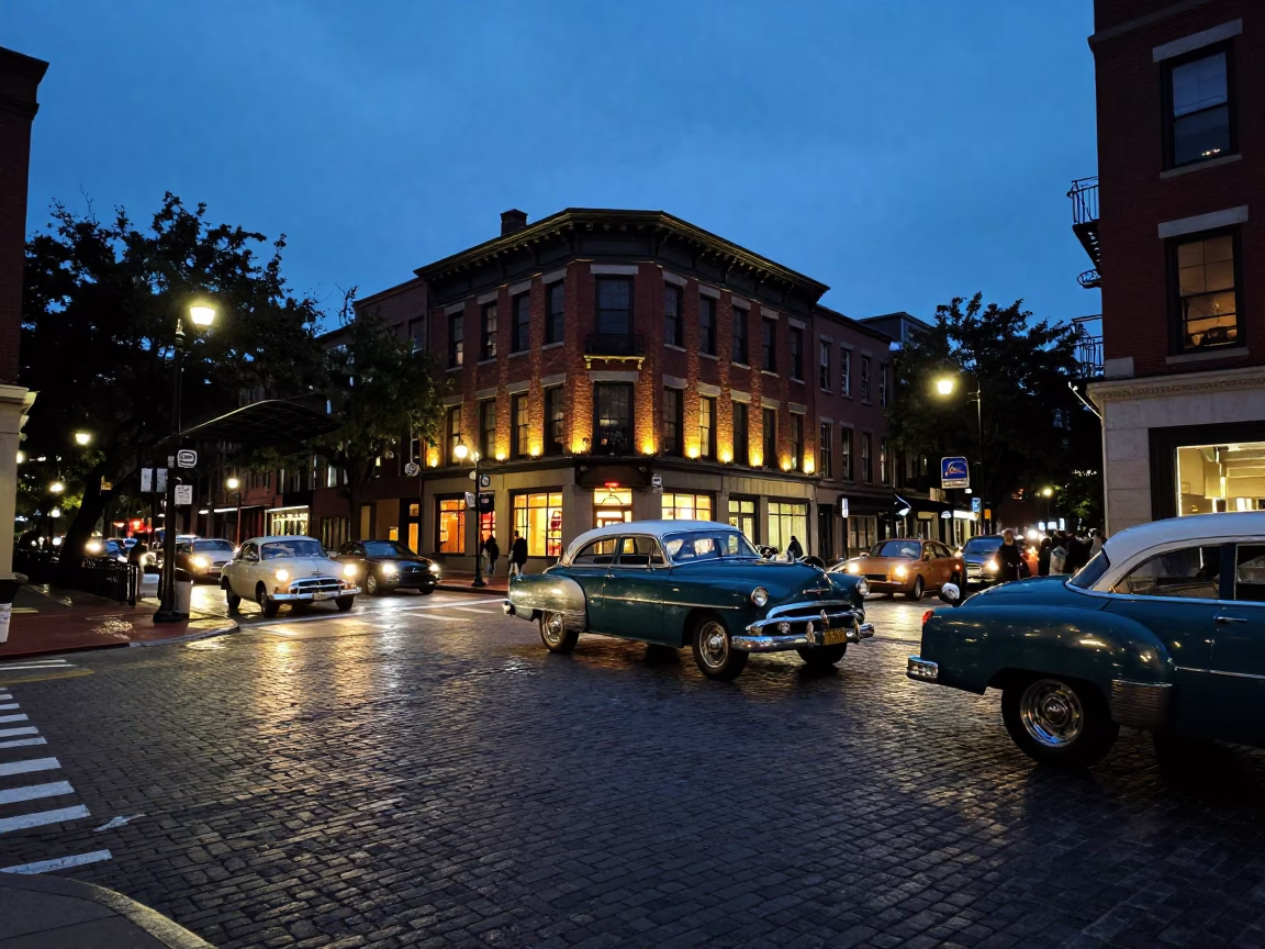 Boston Blue Hour Street Scene with Vintage Cars and Illuminated Architecture in in Boston, Massachusetts, United States