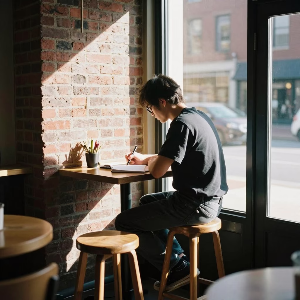 Boston Cafe Writer Late Afternoon Light Wooden Stool and Books in in Boston, Massachusetts, United States
