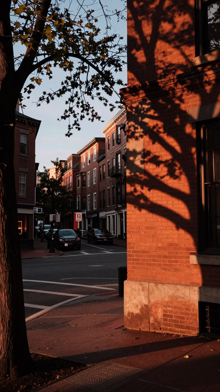 Boston Cambridge Street Corner in Copper Dusk Light with Leaf Shadows and Urban Details in in Boston, Massachusetts, United States