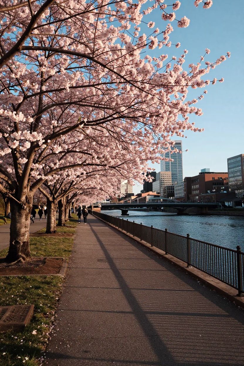 Boston Charles River Esplanade Late Afternoon Light and Cherry Trees in in Boston, Massachusetts, United States