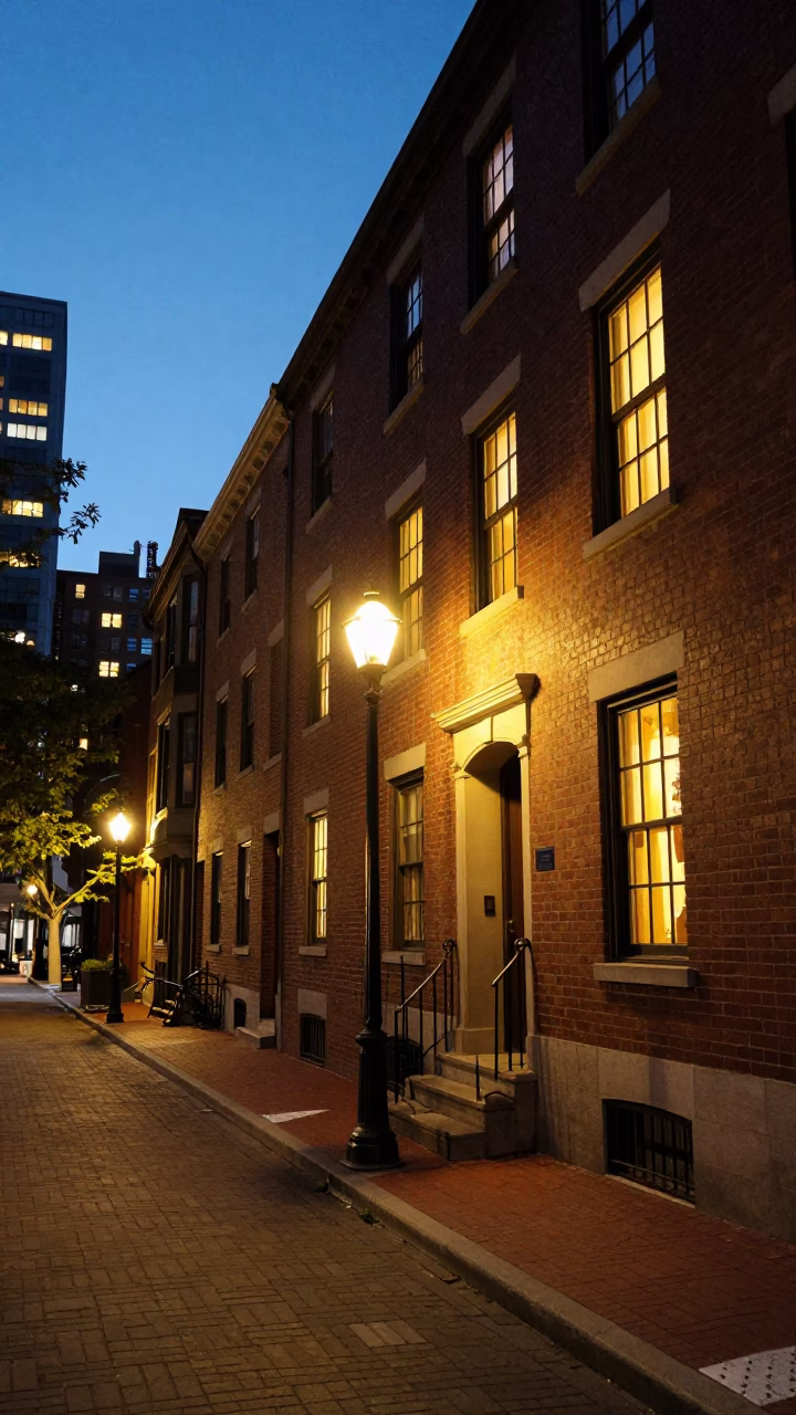 Boston City Lights Glow Evening Street Scene with Latch Detail and Urban Architecture in in Boston, Massachusetts, United States