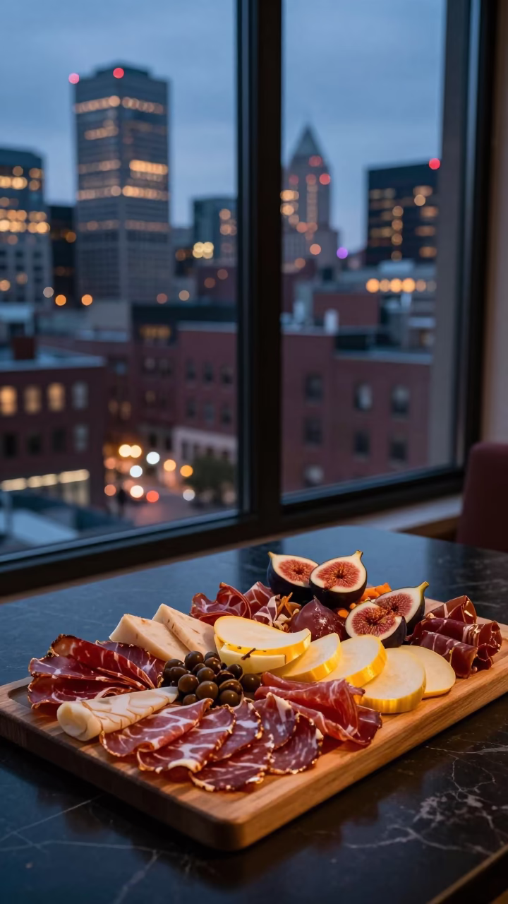 Boston City Lights Glow Over Charcuterie Board and Polished Brass Rim in Evening in in Boston, Massachusetts, United States