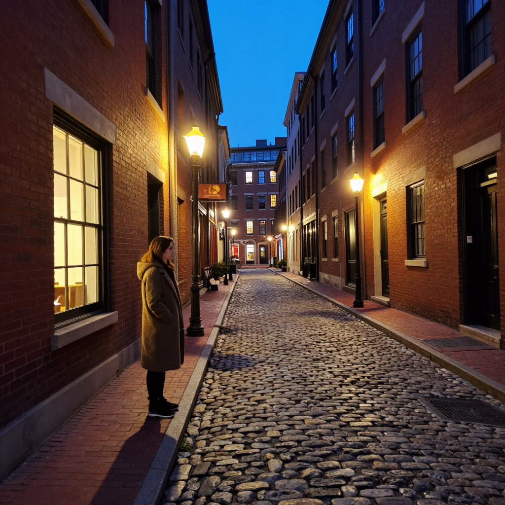 Boston City Lights Glow Over Historic Cobblestone Street with Local Coffee Culture in in Boston, Massachusetts, United States