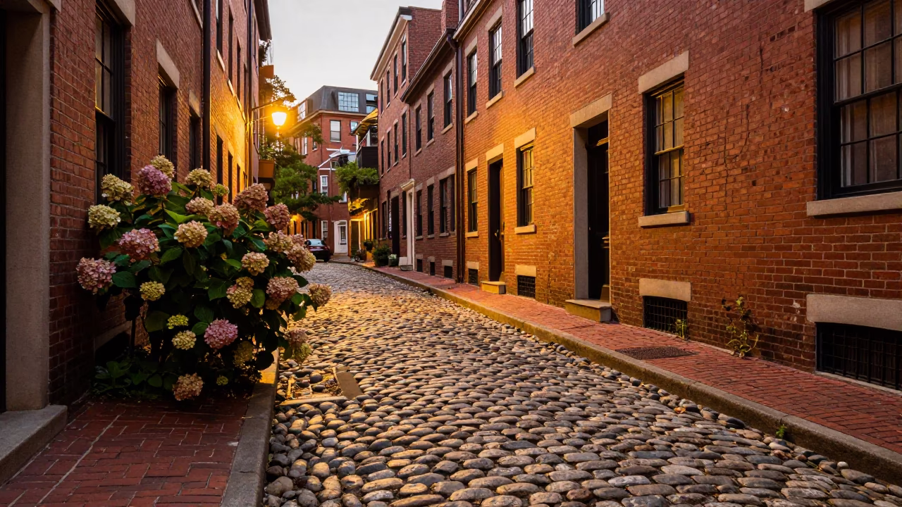 Boston Cobblestone Street Evening Light with Vintage Brick Architecture and Hydrangea Bush in in Boston, Massachusetts, United States